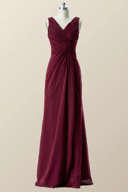 textured dressPleated Burgundy Chiffon Long Bridesmaid Dress