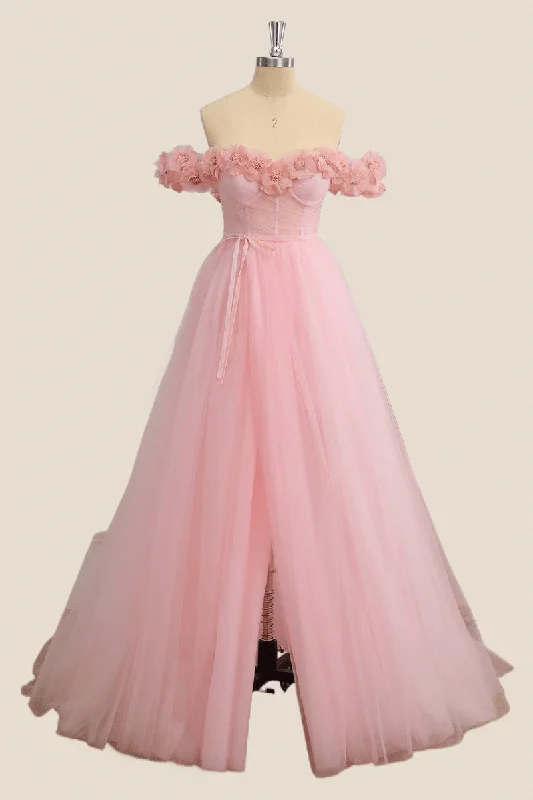 sleeveless dressFlowers Off the Shoulder Pink Tulle A-line Formal Dress