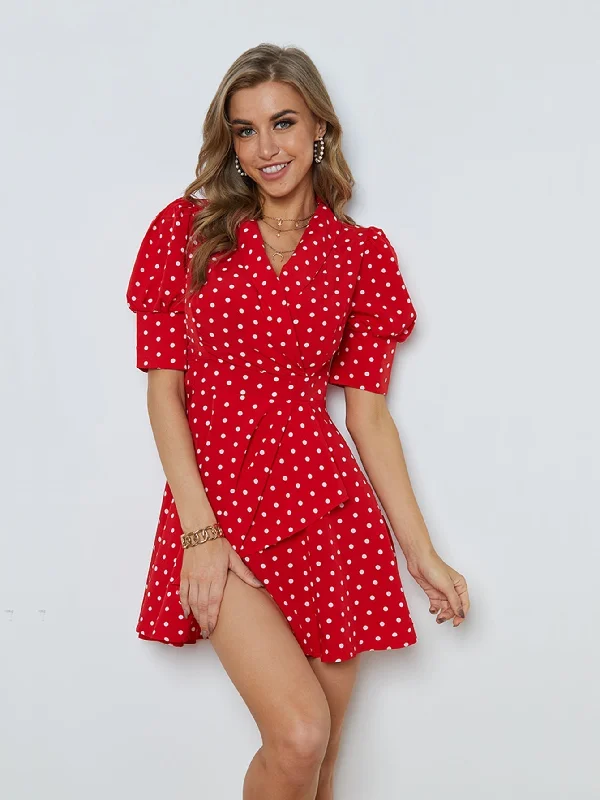 flowy dressKittenAlarm - Polka Dots Puff Sleeve Ruffled Dress