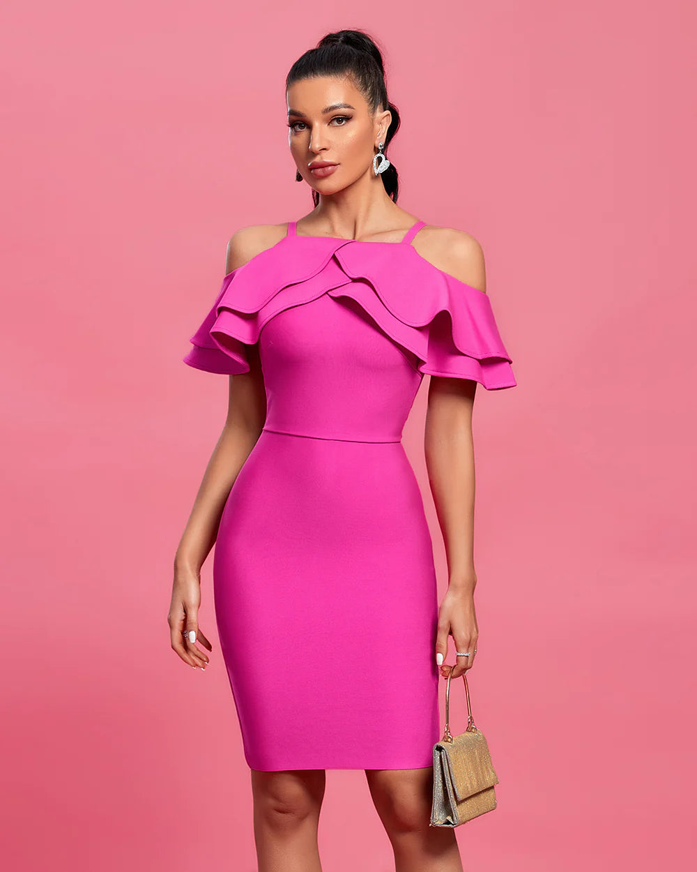 winter dressRose Strappy Ruffle Midi Bandage Dress