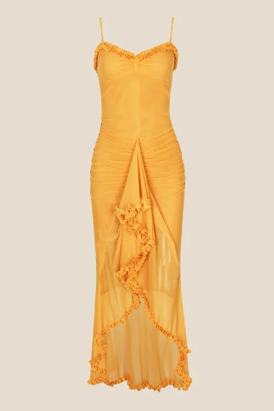 pleated maxi dressStraps Yellow Ruffled Front Irregular Long Dress