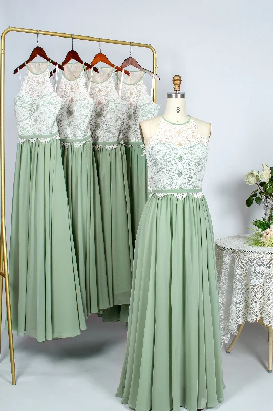 flowy evening dressSage Green Chiffon and Halter White Lace Long Bridesmaid Dress