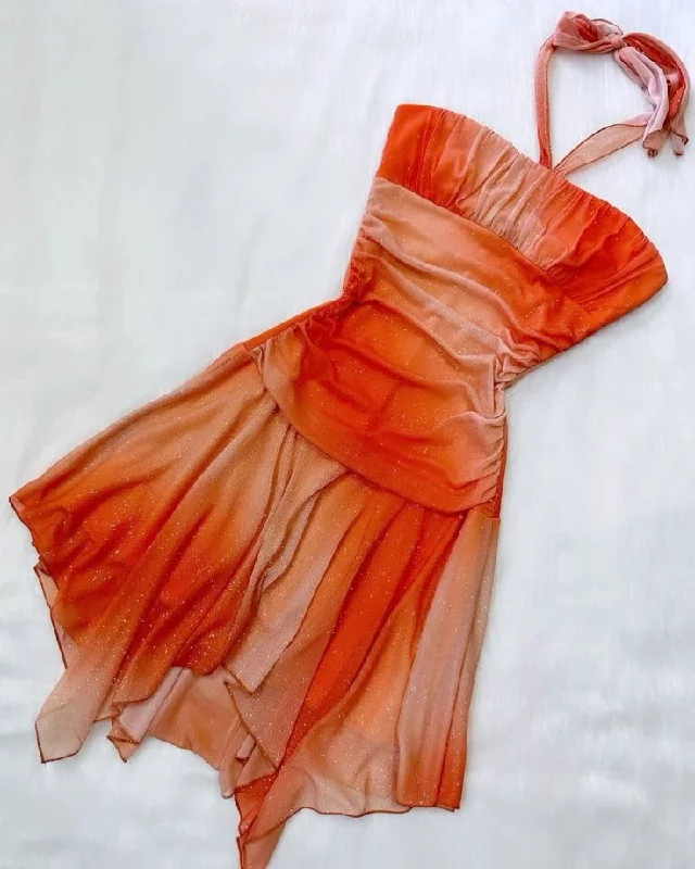 shift dressOrange Sunset Gradient Halter Ruffles Vintage Short Party Dress, DP3659