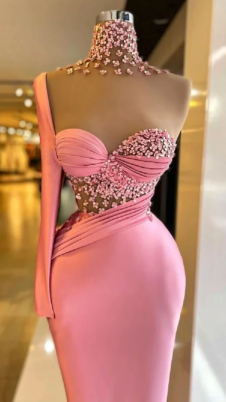 bodycon dressPink Mermaid Prom Dress One Sleeve Prom Dress Y73