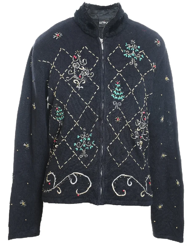 contemporary coatBlack Zip-Front Embroidered Christmas Cardigan  - M