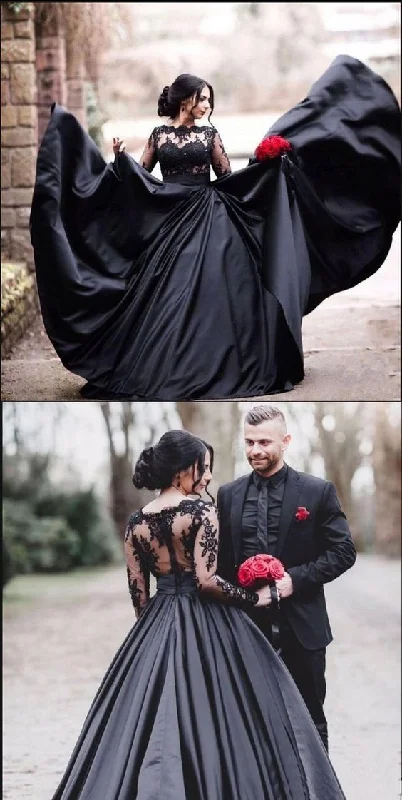 sophisticated dressBlack Long Sleeves Lace Elegant Modest Prom Dress, A-Line Ball Gown Prom Dresses  S6073