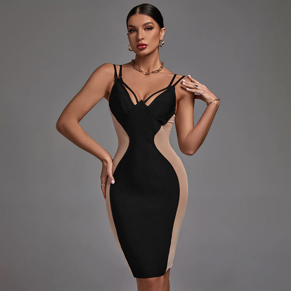 v-neck dressBlack Strappy Sleeveless Mesh Midi Bandage Dress