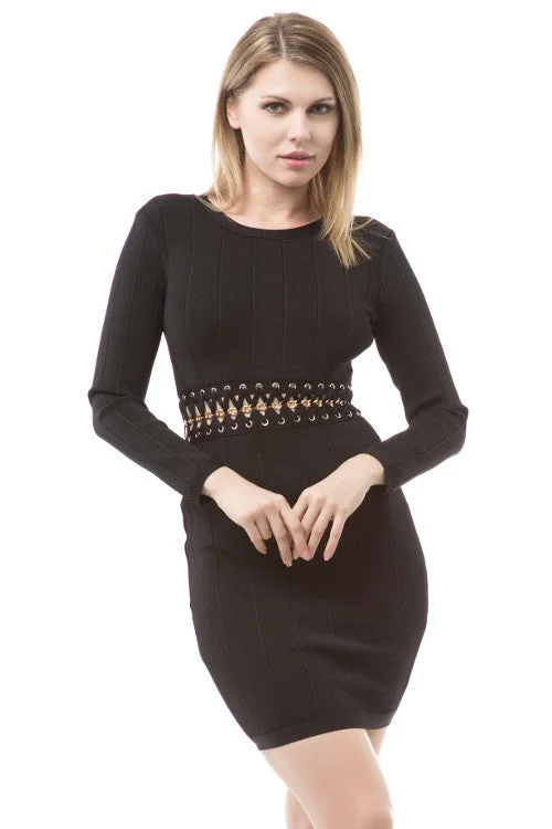 chic wrap dressLong Sleeve Gold Chain Detail Bandage Dress - Black