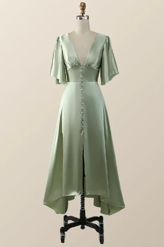 floral midi dressSage Green Flare Sleeves Empire Midi Length Bridesmaid Dress,DP1821