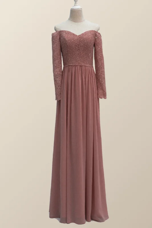 casual dressDusty Rose Lace Long Sleeves Long Bridesmaid Dress