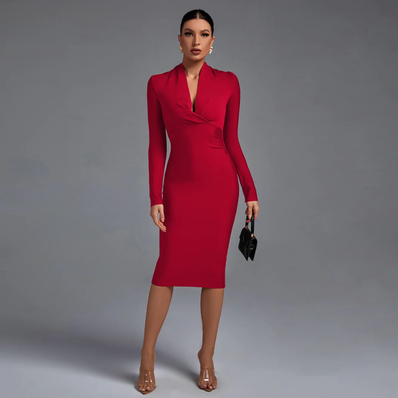 floral midi dressRed V Neck Long Sleeve Bandage Dress