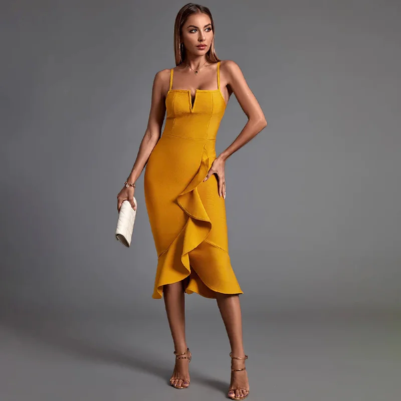 vintage-inspired dressMustard Strappy Frill Midi Bandage Dress