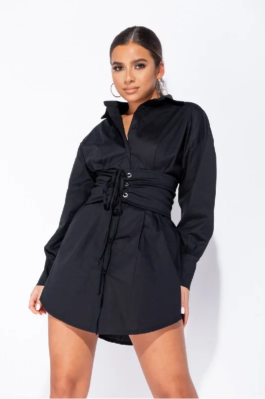 A-line dressBlack Long Sleeve Shirt Dress With Eyelet Lace Up Belt