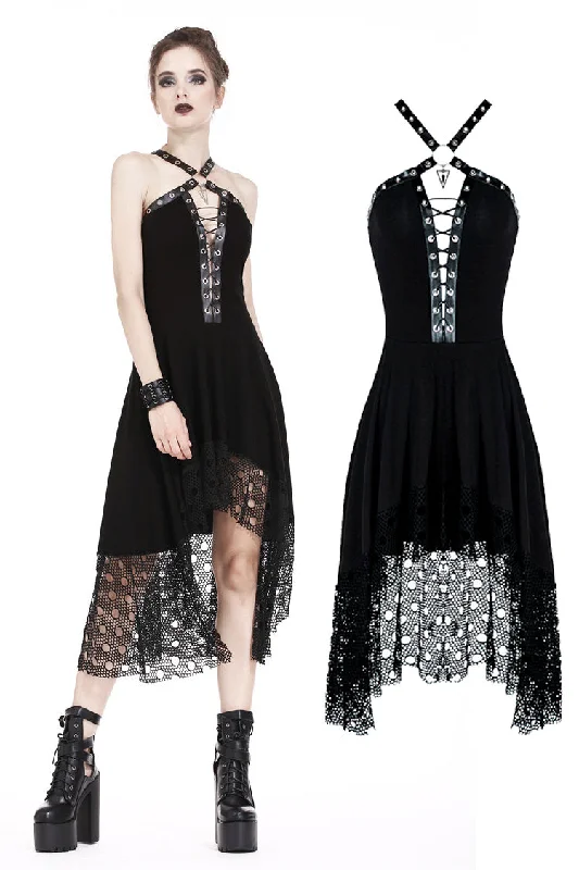 vintage-inspired dressPunk knitted dress with net pattern hem and sexy eyelet rope design DW189