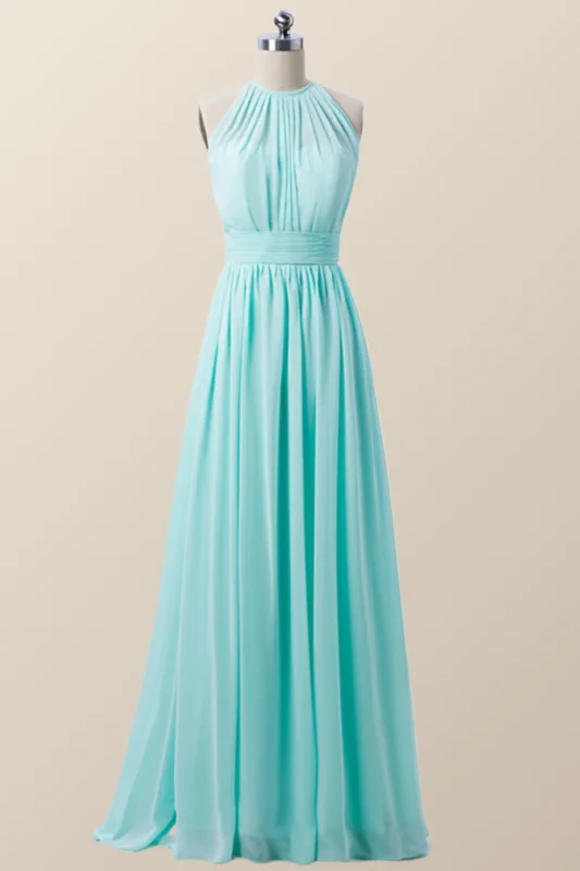 A-line dressHalter Blue Chiffon Long Bridesmaid Dress