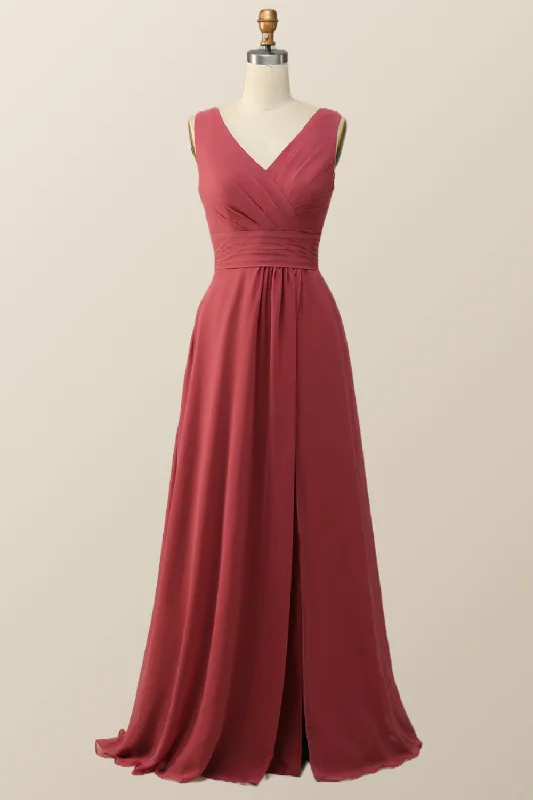 oversized dressPleated Terracotta Empire Chiffon Long Bridesmaid Dress