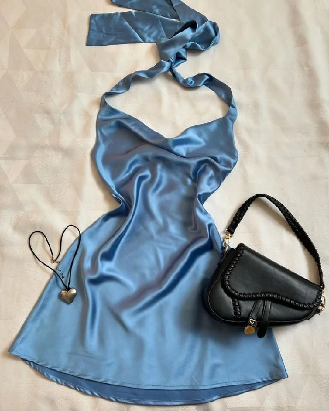 evening dressBlue Halter Satin Mini Party Dress Fashion Homecoming Dress, DP3520