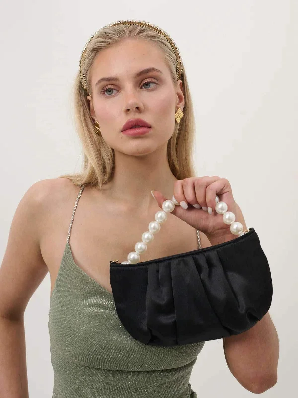 vintage dressVictoria Satin Pearl Strap Bag - Black