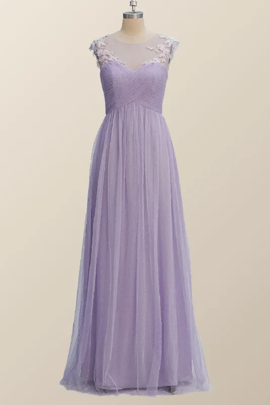 comfy maxi dressLavender Illusion Scoop Lace Appliques A-line Bridesmaid Dress