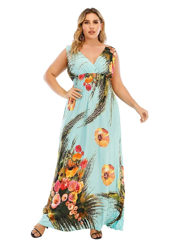 summer floral dressKittenAlarm - Plus Size Surplice Neck Smocked Waist Maxi Dress