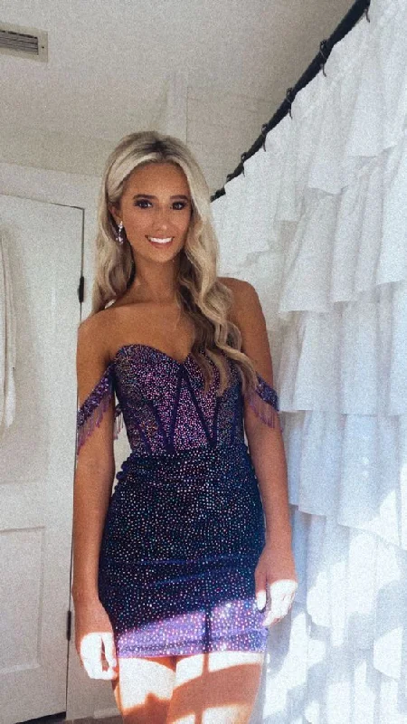 structured dressDark Purple Off Shoulder Beading Short Party Dress Homecoming Dress, DP3427