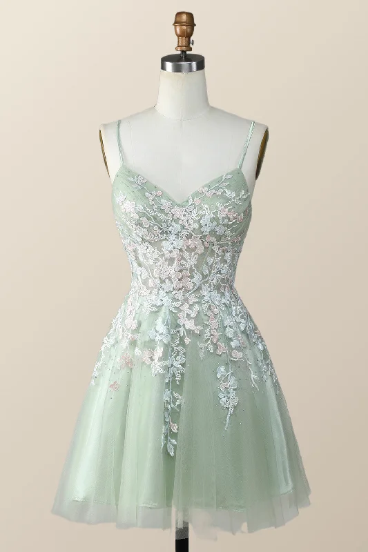 wrap-around dressSage Green Tulle Floral Embroidered A-line Homecoming Dress