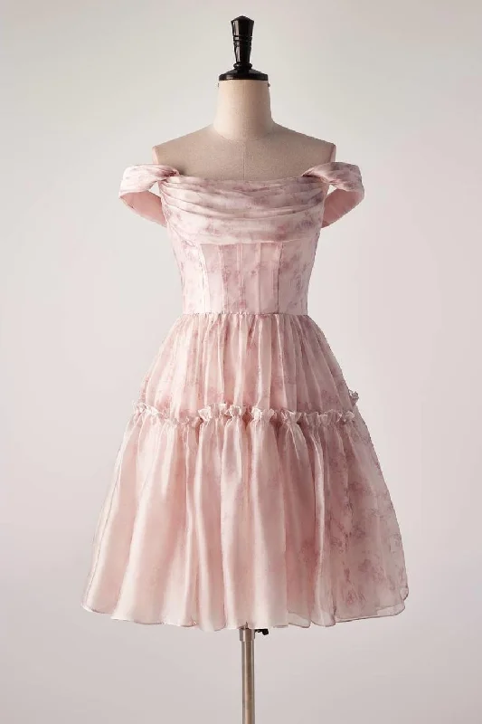 modern dressOff the Shoulder Pink Floral Pleated Short Dress