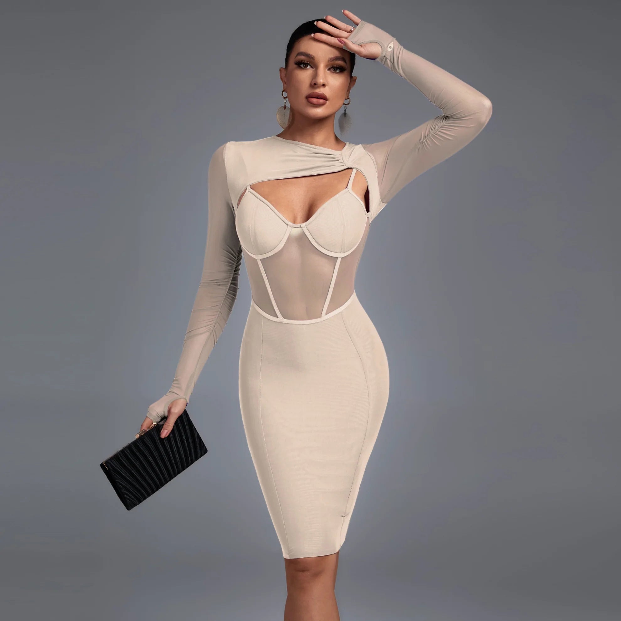 minimalistic dressBeige Long Sleeve Cut Out Mesh Bandage Dress