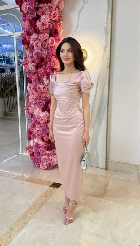 elegant shift dressLight Pink Short Sleeves Satin Long Formal Party Dress, DP3820