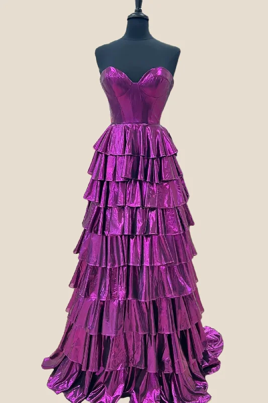 casual midi dressSweetheart Purple Tiered Metallic Long Dress