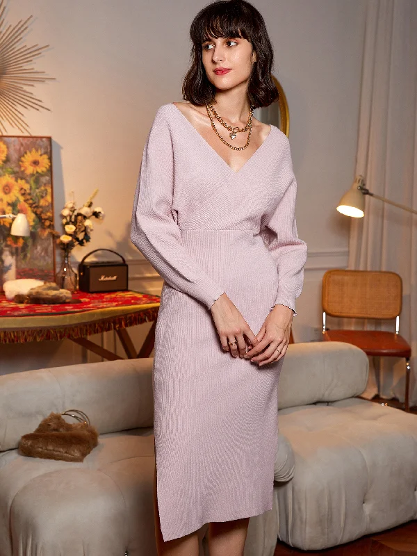 modern dressKittenAlarm - Women Backless Long Sleeve Deep V neck Knit Long Dress