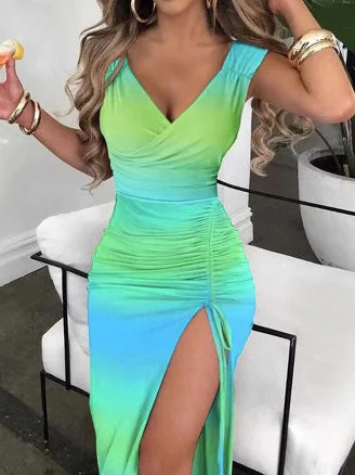 bodycon dressTie-Dye V-Neck Drawstring Slit Slim Dress