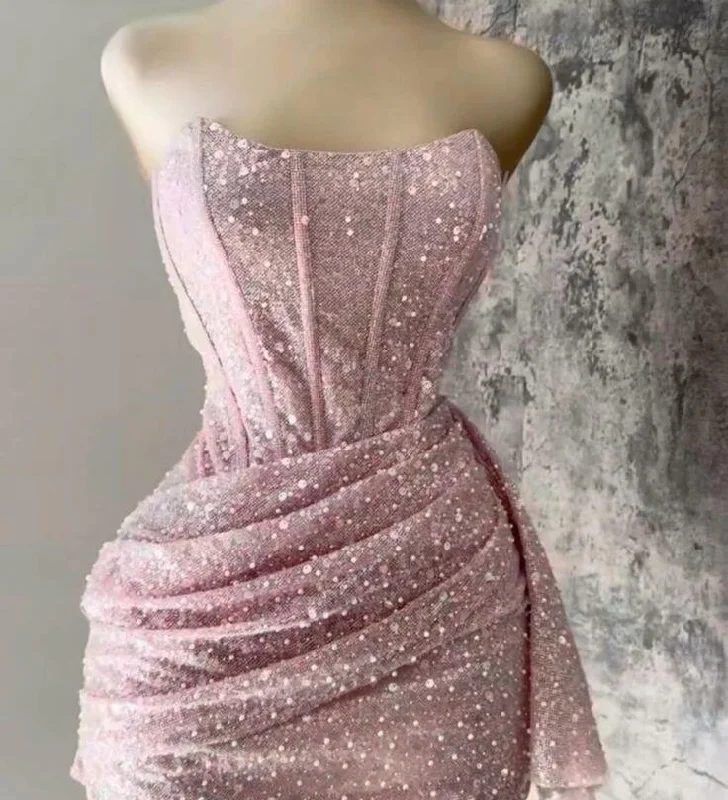 chic shift dressPink Strapless Sequins Party Dress Mini Hoco Dress Birthday Outfits, DP3042