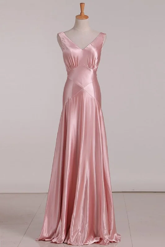 sleeveless dressPink V Neck Satin Backless Long Party Dress Bridesmaid Dress,DP1577