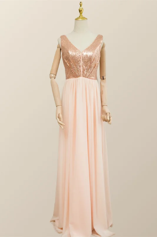 t-shirt dressV Neck Rose Gold Sequin and Chiffon Long Bridesmaid Dress