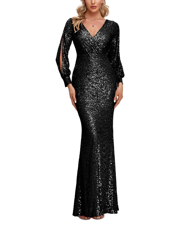 fitted bodycon dressKittenAlarm - V-Neck Split Long Sleeve Shinning Sequins Dress