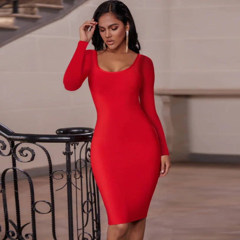 mini dressRed Long Sleeve Midi Bandage Dress