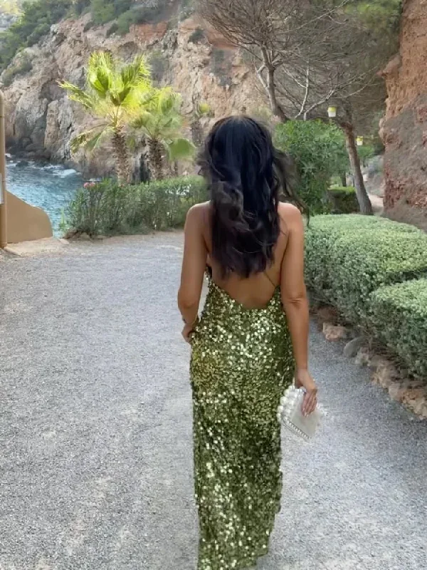 satin midi dressGreen Sequin Backless Sling Dress - Sexy Off Shoulder Christmas Party Dress