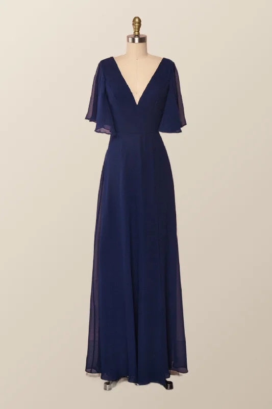 elegant maxi dressFlare Sleeves Navy Blue Chiffon Long Bridesmaid Dress