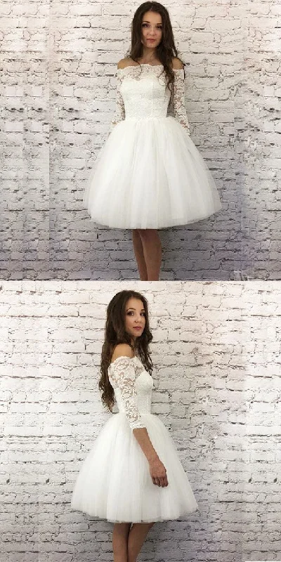 luxury dressWhite A-Line 3/4 Sleeves Short Homecoming Dress With Lace S1834