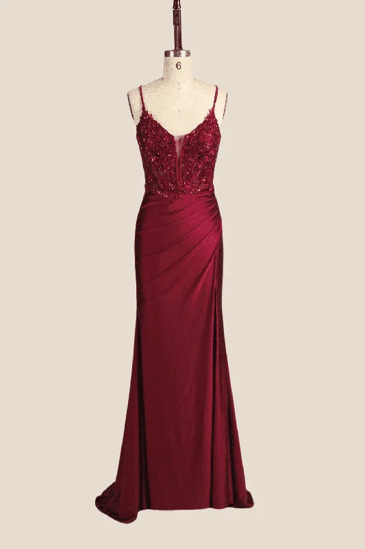 trendy bodycon dressWine Red Appliques Ruched Long Dress with Slit