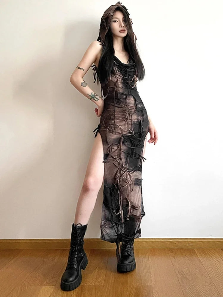 casual knit dressTassel Sleeveless High Y2K Gothic Grunge Tie Fairy Midi Hooded Sexy Vintage Gown Dye Split Gown