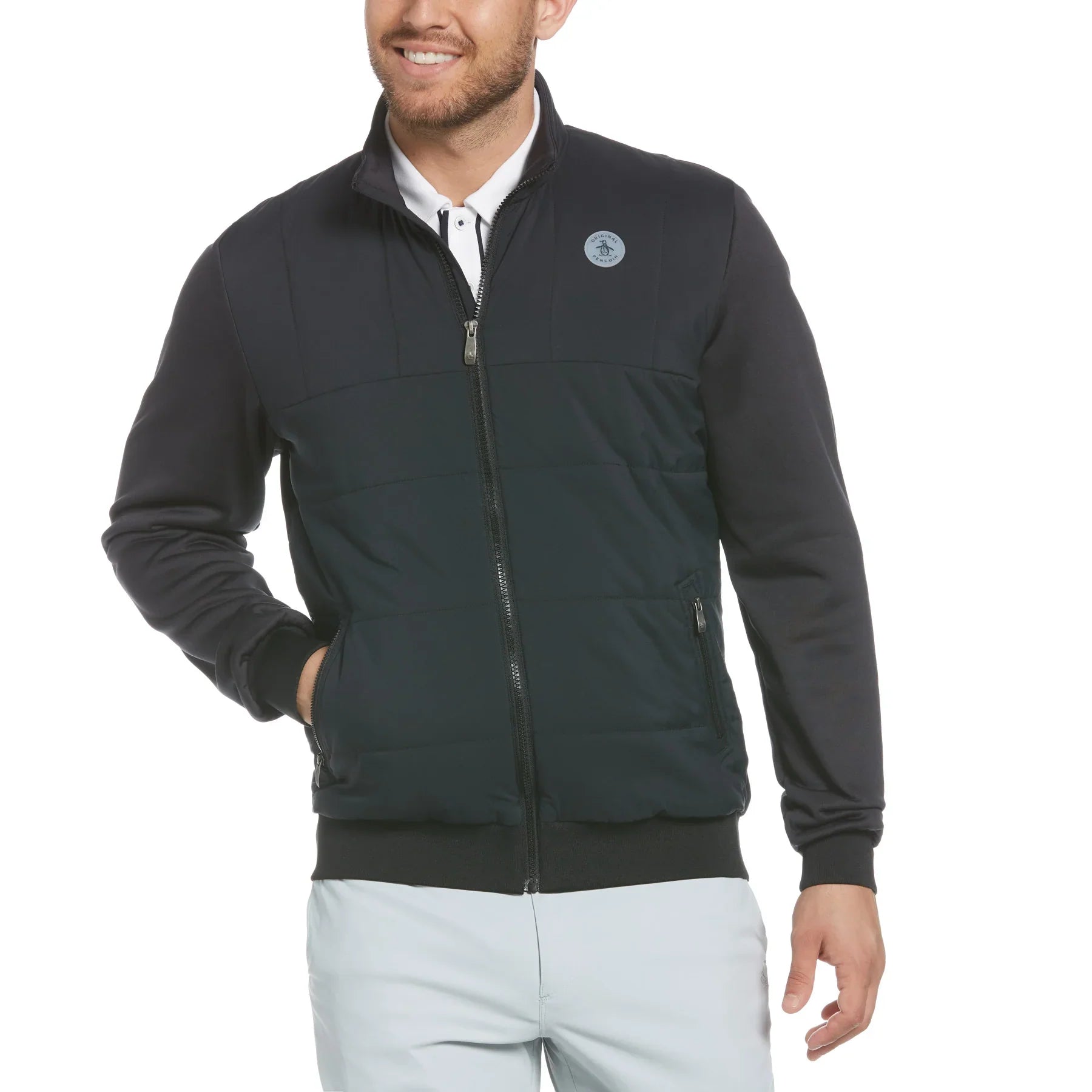 soft shell coatOriginal Penguin Mens Insulated Mixed Media Full Zip Golf Jacket - CAVIAR