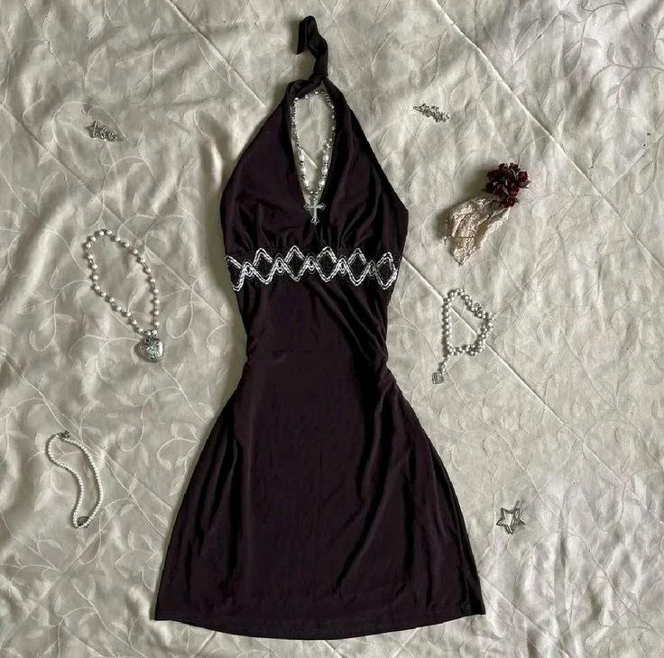 t-shirt dressVintage Halter Appliques Evening Dress Brown Short Party Dress, DP3620