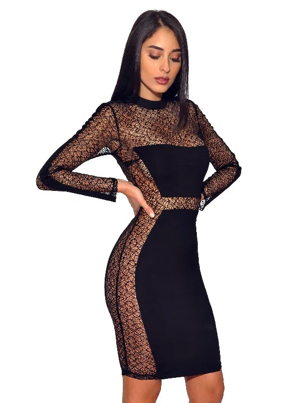 silk dressBlack Sheer Mesh Long Sleeve Stretch Crepe Dress