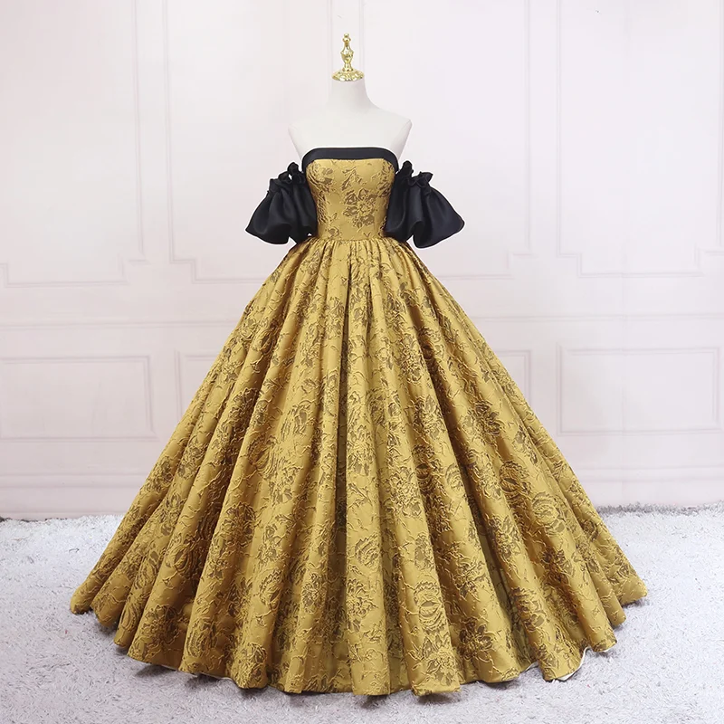 flowy evening dressFashion retro style slim golden bride dress vintage ball gown s04