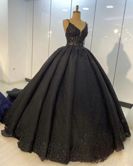 tiered dressBlack lace ball gown dresses for wedding , spaghetti straps prom dress S22981