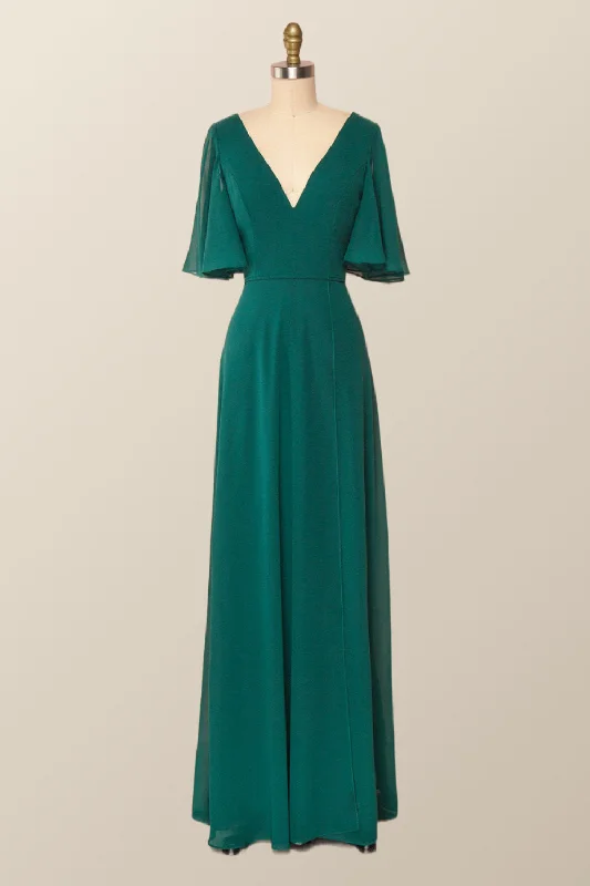 sleek midi dressFlare Sleeves Green Chiffon Long Bridesmaid Dress