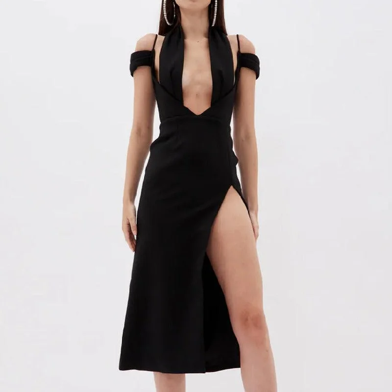 playful dressKittenAlarm - Coraline Halter Neck Thigh Slit Midi Dress