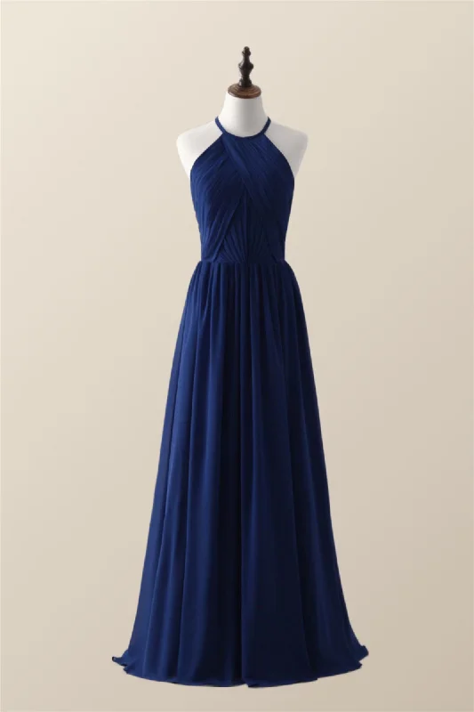 comfy dressHalter Royal Blue Pleated Long Bridesmaid Dress